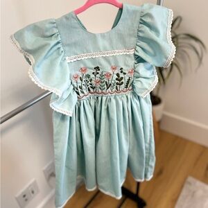 NEW Girl’s Dress Blue Embroidered Scalloped Trim Florals Flutter Handmade Spring